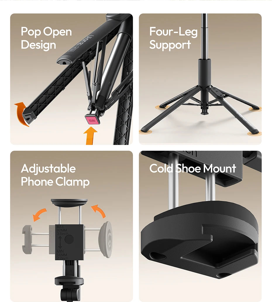 Original Ulanzi MT86 Auto Opening Selfie Stick Tripod With Cold Shoe Mount And 1.46m Extension For Vlog Live Streaming